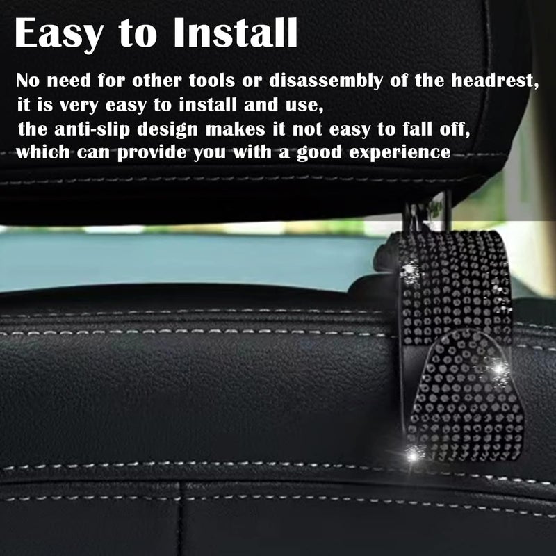 OSIFIT 2PCS Car Seat Hooks - Bling Rhinestone Headrest Hooks with Universal Design - Perfect for Holding Handbags, Clothes, Purses, and Water Bottles - Black - Image 3